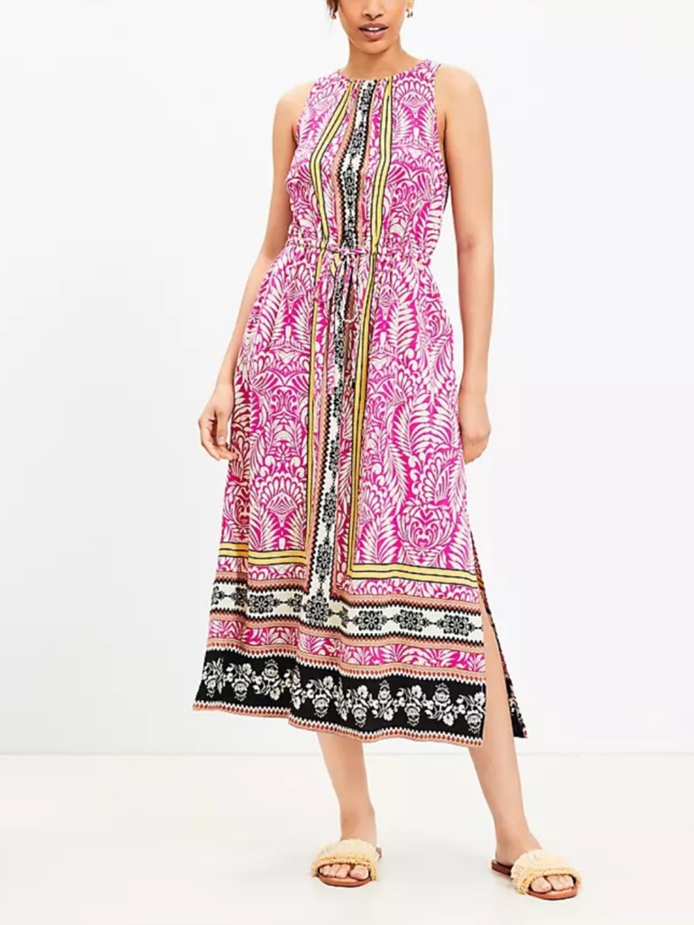 LOFT Pink Palm Print Cutout Back Midi Dress Side Slit Drawstring- S